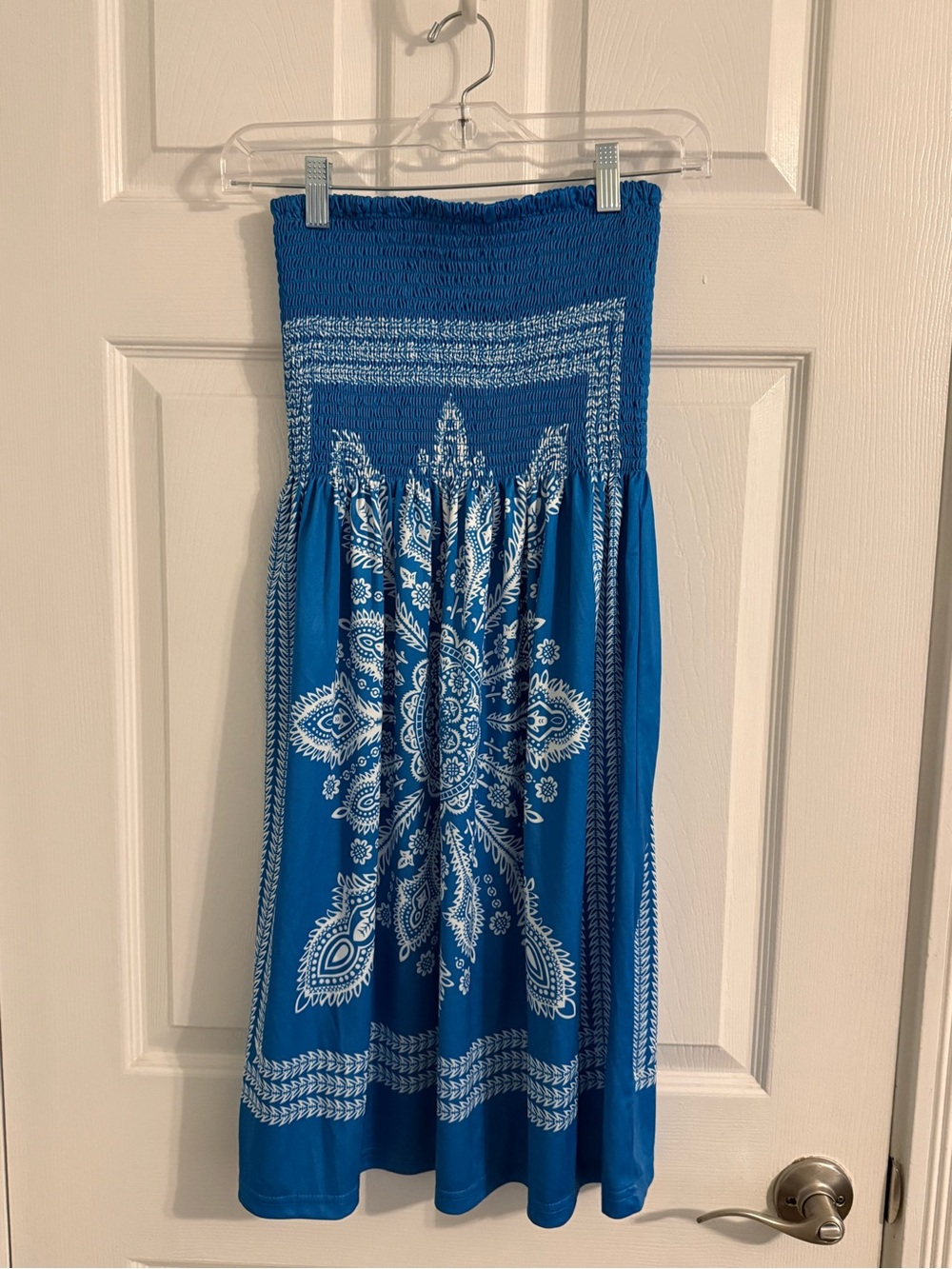 VENUS Blue Strapless Midi Dress with White Bandana Print